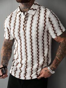 Manfinity Homme Men's Casual Striped Pattern Short Sleeve Polo Shirt, Suitable For Summer Vacation And Daily Commute Mens Pattern Button Ups - Brown - View 3