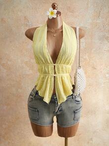 Mistrie 女士提花针织性感露背吊带背心，度假必备 - 淡黃色 - 查看 3