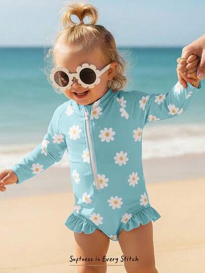Cozy Pixies Baby Girls' Floral Print Long Sleeve Zipper One-Piece Swimsuit, Summer Beach Holiday