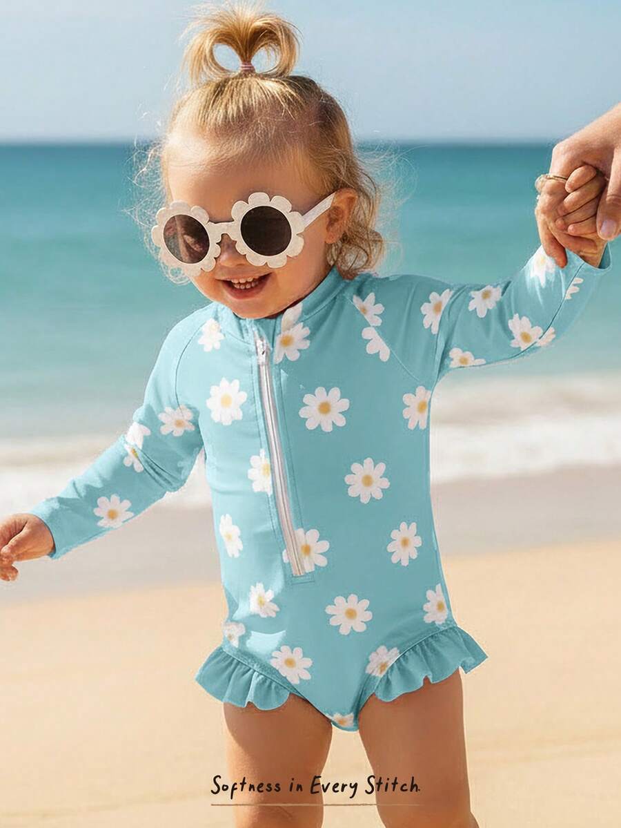Cozy Pixies Baby Girls' Floral Print Long Sleeve Zipper One-Piece Swimsuit, Summer Beach Holiday - Blue - View 1