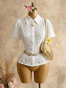 Mistrie Women's Summer Vacation Lace Front Button Puff Sleeve Blouse, Wedding Guest, Summer Holidays, Beach, Vacations - White - View 4