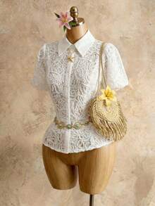 Mistrie Women's Summer Vacation Lace Front Button Puff Sleeve Blouse, Wedding Guest, Summer Holidays, Beach, Vacations - White - View 5