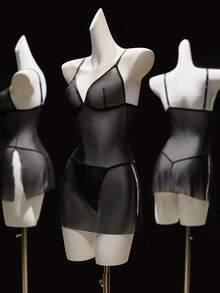 SHEIN 2 件套女士无线性感网眼内衣，包括外出吊带背心裙 - 黑色 - 查看 5