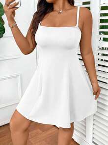 SHEIN EZwear Đầm không tay màu trơn dáng rộng, cỡ lớn, thích hợp cho mùa hè. - trắng - Xem 4