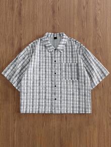 TOKVUE 男士休闲格子短袖衬衫，夏季 - 黑與白 - 查看 4