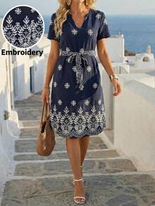 SHEIN Clasi 女士优雅亚麻V领系带印花中长连衣裙，夏季度假装 - 彩色 - 查看 2