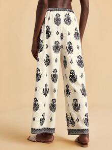 Travachic Women's Beach Vacation Floral Print Drawstring Waist Loose Wide Leg Cover Up & Pants Set - Multicolor - View 2