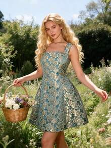 Glamine Charm Jacquard Weave Elegant Lady Slip Dress - Blue - View 2