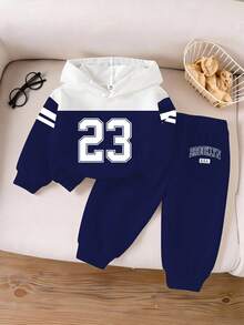 2er/Set Baby Jungen/Mädchen Marineblau und Weiß Brooklyn 23 Patchwork Hoodie Sweatshirt&Hose Herbst Lässig Page Boy Schulanfang Sportbekleidung Winter Outfit - Verschiedenfarbig - Übersicht 3