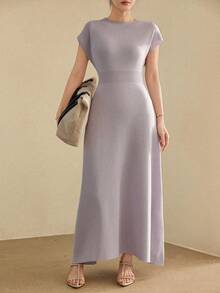Dazy-Less Vestido de punto elegante para mujer, primavera/verano, unicolor, con cintura definida, estilo commuter - Morado - Ver 9