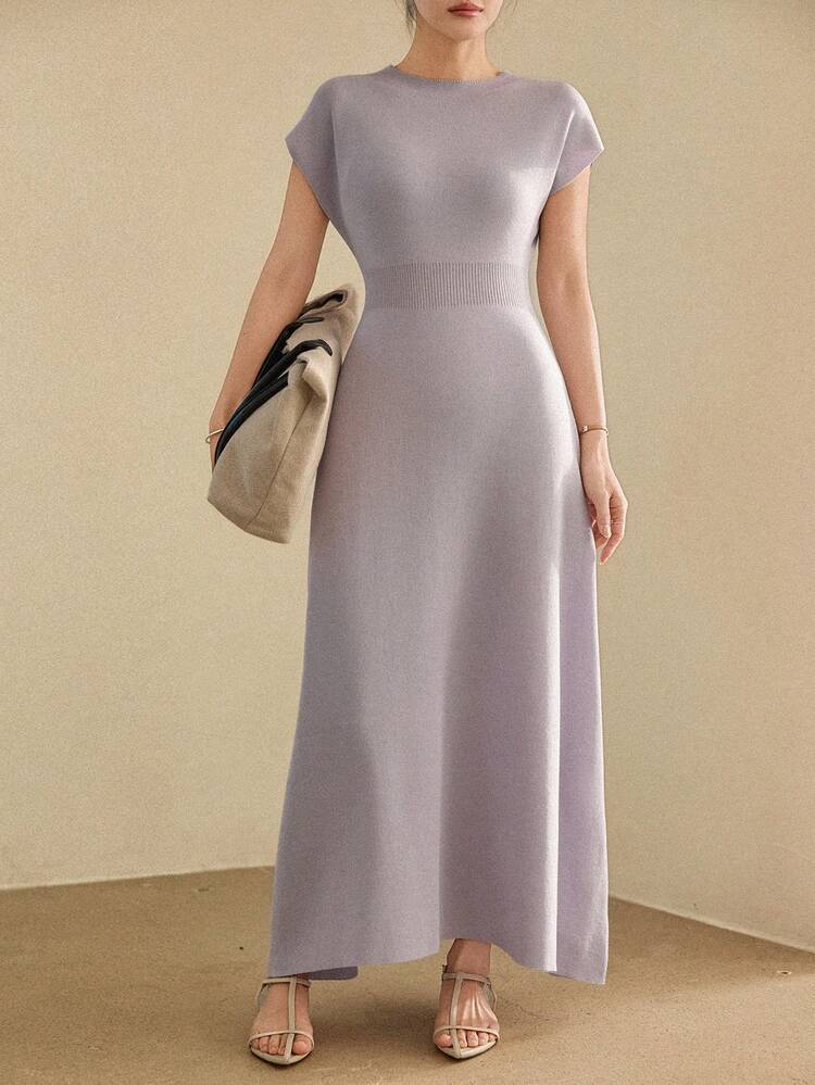 Women's Elegant Solid Color Waist Cinched Knit Midi Dress, Spring/Summer