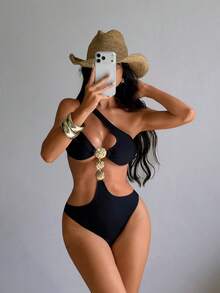 Swim SXY 一件式金属光泽亮面纯色简约连体泳衣 - 黑色 - 查看 3