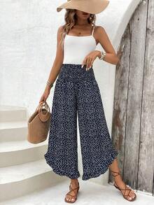 EMERY ROSE Quần dài nữ màu đen họa tiết hoa nhí, gấu quần xếp ly, kiểu dáng thường ngày, thích hợp cho mùa hè. - Màu xanh hải quân - Xem 4