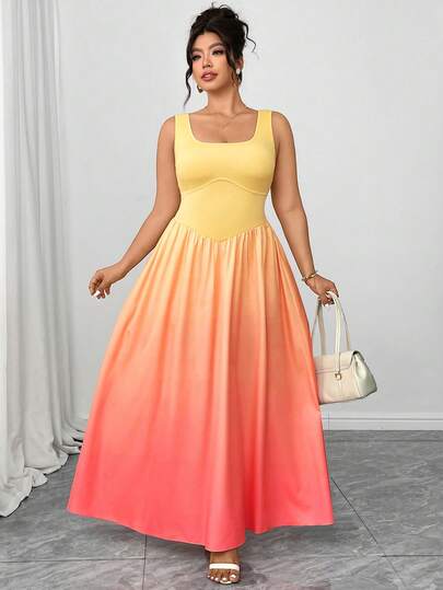 Elenzga Plus Size Women's Long Knit Vest Patchwork Ombre Skirt, High Stretch Comfortable Elegant Waist Cinching Scoop Neck Romantic Vacation Sexy Date Beach Party Brunch Dress, Pink Refined Plus Size Vest Dress