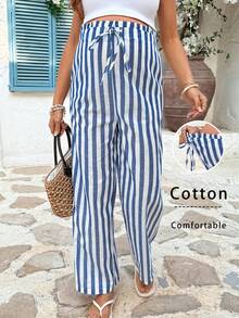 SHEIN Summer Outfit Vacation Blue Cotton Striped Fabric, Loose-Fitting Vacation Trousers For Pregnant Women.  Maternity Striped Waist Tie Pocket Wide Leg Loose Casual Pants - Blue and White - View 3
