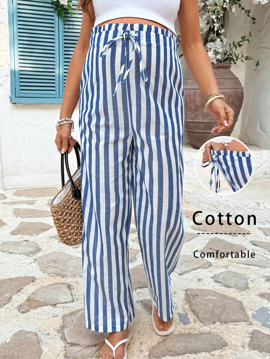 SHEIN Summer Outfit Vacation Blue Cotton Striped Fabric, Loose-Fitting Vacation Trousers For Pregnant Women.  Maternity Striped Waist Tie Pocket Wide Leg Loose Casual Pants - Blue and White - View 1