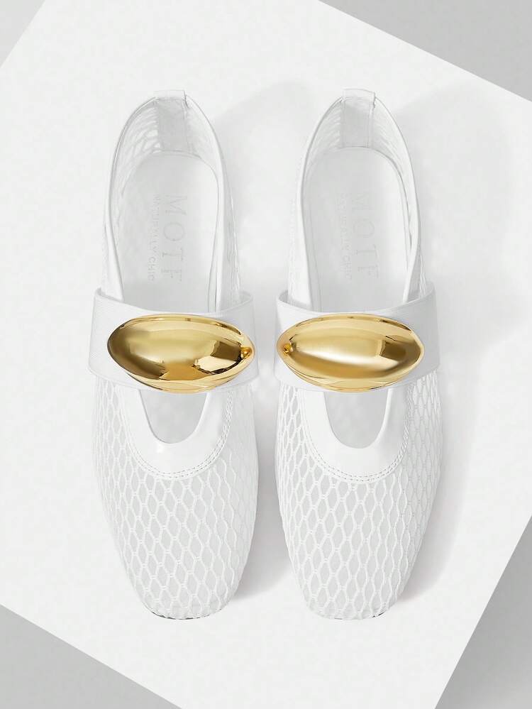 WOMEN'S FASHION FLAT SHOES, SPRING/SUMMER MESH WHITE FISHNET SHOES, BALLET FLATS, BREATHABLE METAL DECOR SHOES