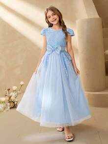 Girls' Luxury Niche High-End Hostess Birthday Performance Dress, Piano Recital Runway Princess Gown, Elegant Tulle Maxi Dress - Blue - View 6