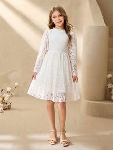 Tween Girl Ruffle Collar Floral Lace Long Sleeve Elegant Dress - White - View 9