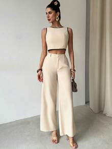 Firerie Bộ đồ 2 món dành cho nữ, thanh lịch, thoải mái, thích hợp cho kỳ nghỉ, lễ hội, phong cách Bohemian, gồm áo và quần phối màu tương phản chất liệu giả vải lanh. - Nhiều màu - Xem 3