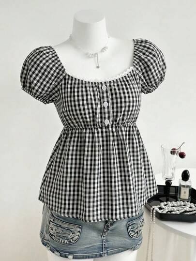 SHEIN 1 Piece, Girl's Vintage Sweet-Style Top: Pearl Trim + White Polka Dots, Puff Short-Sleeve Square-Neck Gathered Waist Top, Thin Non-Fluffy, Gentle Loose Blouse, For Dates/Daily Outings, Spring & Summer 1 Piece, Girl's Vintage Sweet-Style Top: Pearl Trim + White Polka Dots