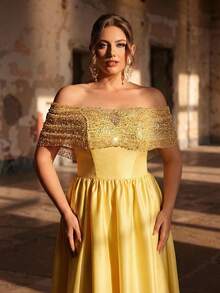 Aureia Plus Size Elegant Romantic Off-Shoulder Light Yellow Sweetheart Neckline Luxury Beaded Patchwork Wedding Dress, Short Front Long Back A-Line Silhouette, Suitable For Wedding, Party, Celebration, Formal Ball Gown Off Shoulder Formal Dress Yellow Wedding Guest Dress Yellow Cocktail Dress - Yellow - View 7