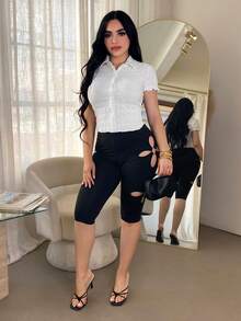 SHEIN SXY 白色休闲修身纽扣领衬衫 - 白色 - 查看 5