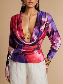 Silquee Women's Elegant Purple Floral Deep V-Neck Satin Top,Long-Sleeved Relaxed Flowing Design,Perfect For Autumn,Party,Summer Vacations,Dates & Casual Wear - Multicolor - View 1