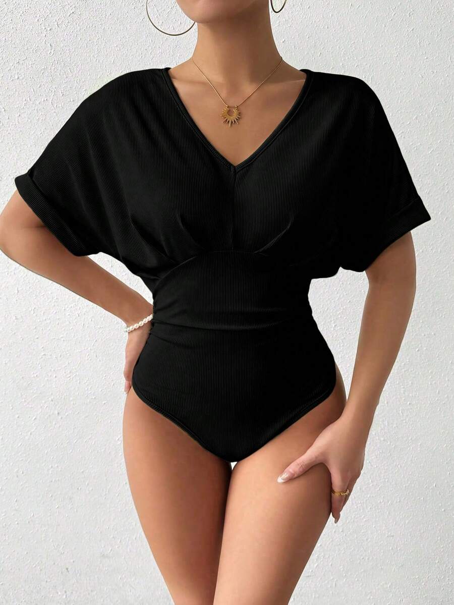 SHEIN Clasi Plus Size Women Casual Solid Color Batwing Sleeve Bodysuit - Black - View 1