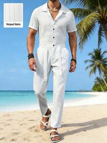 VENTUSAIL 男士夏季休闲条纹纽扣短袖连体裤 白色男士连体裤 男士短袖连体裤 男士条纹连体裤 男士沙滩连体裤 日常休闲、周末旅行、远足旅行、轻松的工作环境、送给男友/丈夫的礼物、周年纪念/生日礼物、派对夏季假期男士度假装 白色条纹连体裤 男士沙滩装 白色奶油色男士连体裤 男士邮轮服装 - 白色 - 查看 6