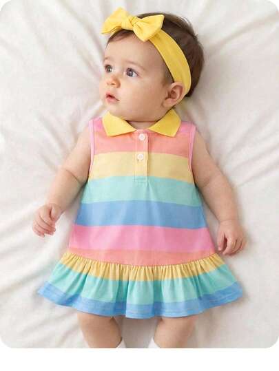  SHEIN Baby Girls Newborn Baby Girl  Casual Homewear Cute Rainbow Stripe Button Front A-Line Sleeveless Patchwork Ruffle Hem Dress/Polo Dress/T-Shirt Dress Baby Girl Rainbow Outfit Colorful Stripe Baby Girl Outfit Multi Colored Toddler Outfit For Girls Colorful Dress For Toddlers Girls