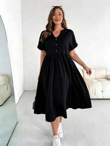 SHEIN Essnce Vestido casual de talla grande para mujer de color negro sólido, de manga corta, adecuado para primavera y verano - Multicolor - Ver 5
