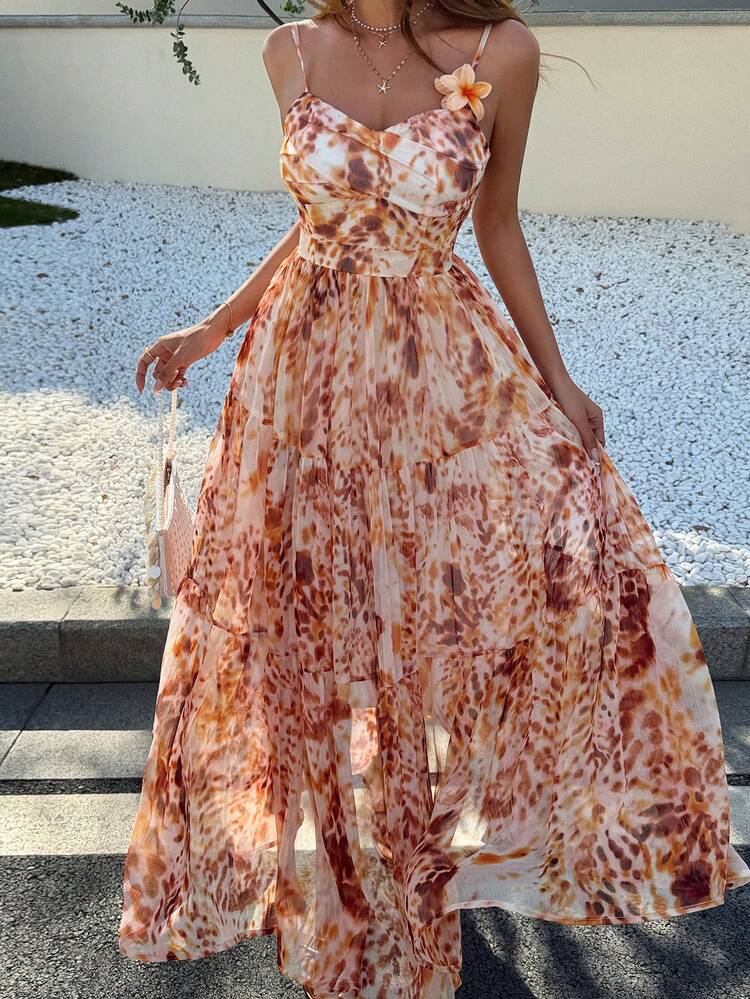 Women's Summer Leopard Print Textured Fabric Waist Cinched Vacation Style Camisole Dress