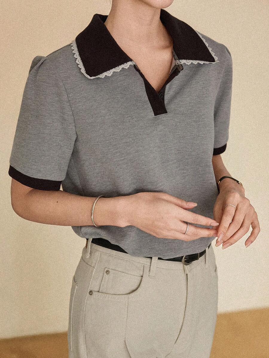 DAZY 女士夏季撞色蕾丝拼接Polo领休闲T恤 - 深灰色 - 查看 1