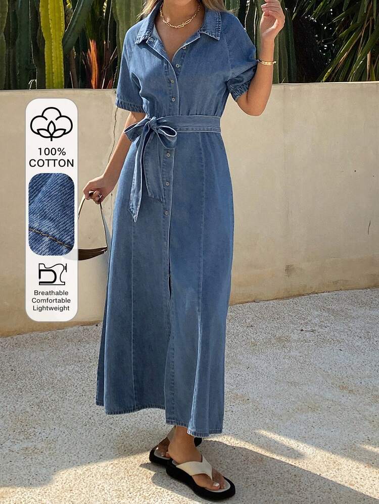 Women's Collared Belted Short Sleeve Casual Denim Dress