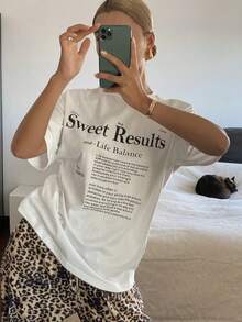 DAZY Camiseta casual suelta de manga corta con cuello redondo y estampado de letras para mujer, estilo Y2K - Blanco - Ver 2