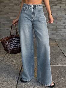 DAZY 女士低腰宽松直筒休闲牛仔裤 Y2k - 中等水洗藍 - 查看 8