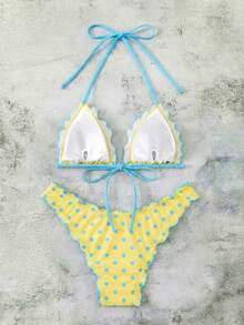 Swim Mod 女士夏季波点印花性感吊带蝴蝶结比基尼两件套泳衣沙滩度假套装 - 黃色 - 查看 2