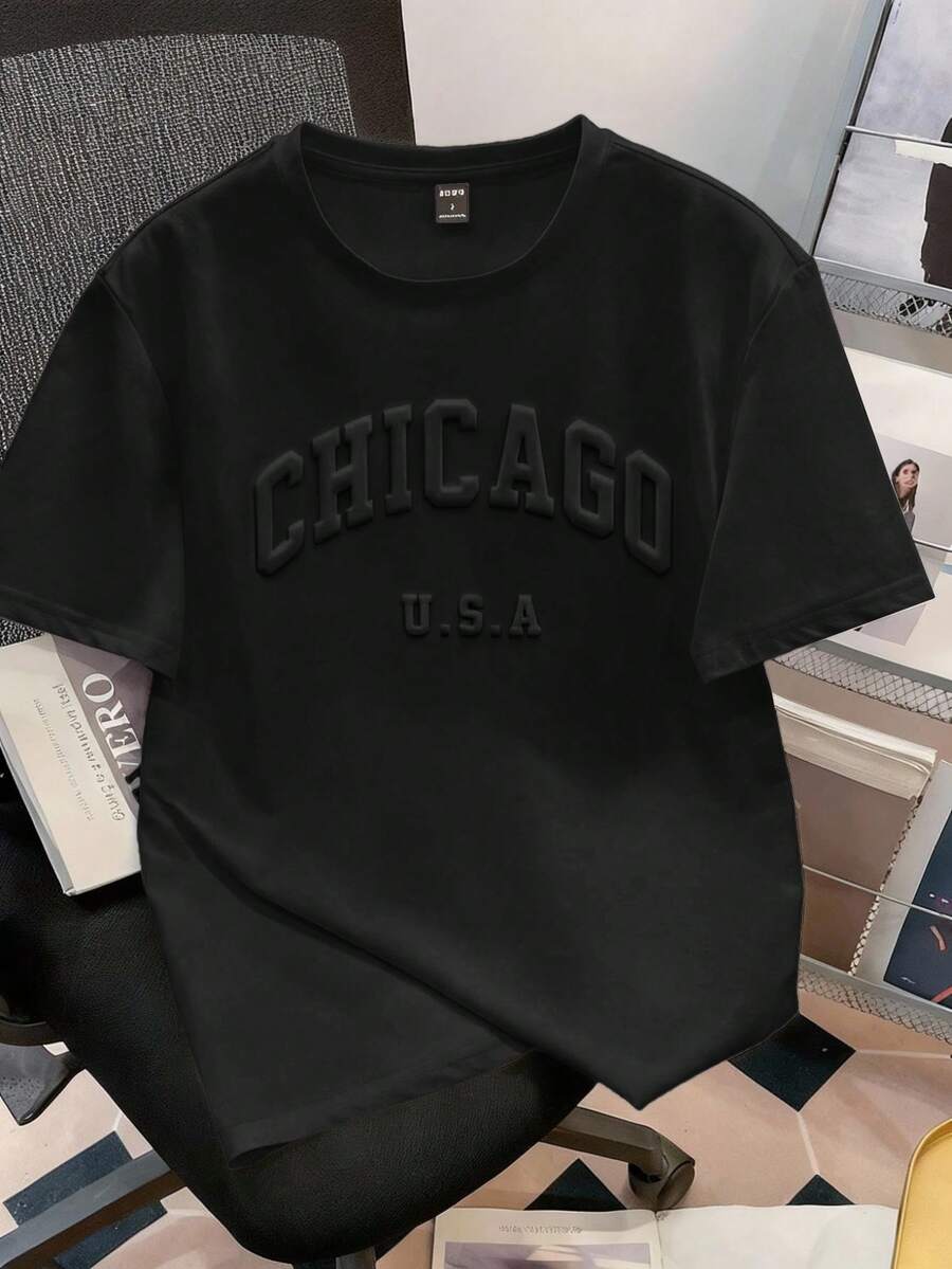 Manfinity Joysei Camiseta de manga corta casual con estampado de letras para hombres - Negro - Ver 1