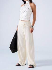 LYSMO Women's Striped Tie-Up Patchwork Long Pants - Apricot - View 4