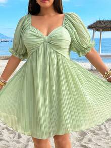 GalTyme 大码女式纯色褶皱休闲派对日常连衣裙 - 綠色 - 查看 4