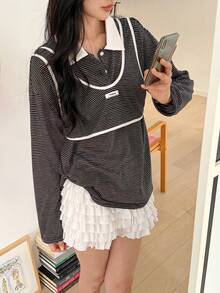 DAZY Women's Retro College Style Loose Striped Long Sleeve T-Shirt, 2 In 1 Korean T-Shirt - Coffee Brown - View 4