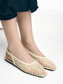 Mnmlis 女士新款时尚编织镂空平底方头套脚鞋 - 米白1 - 查看 8