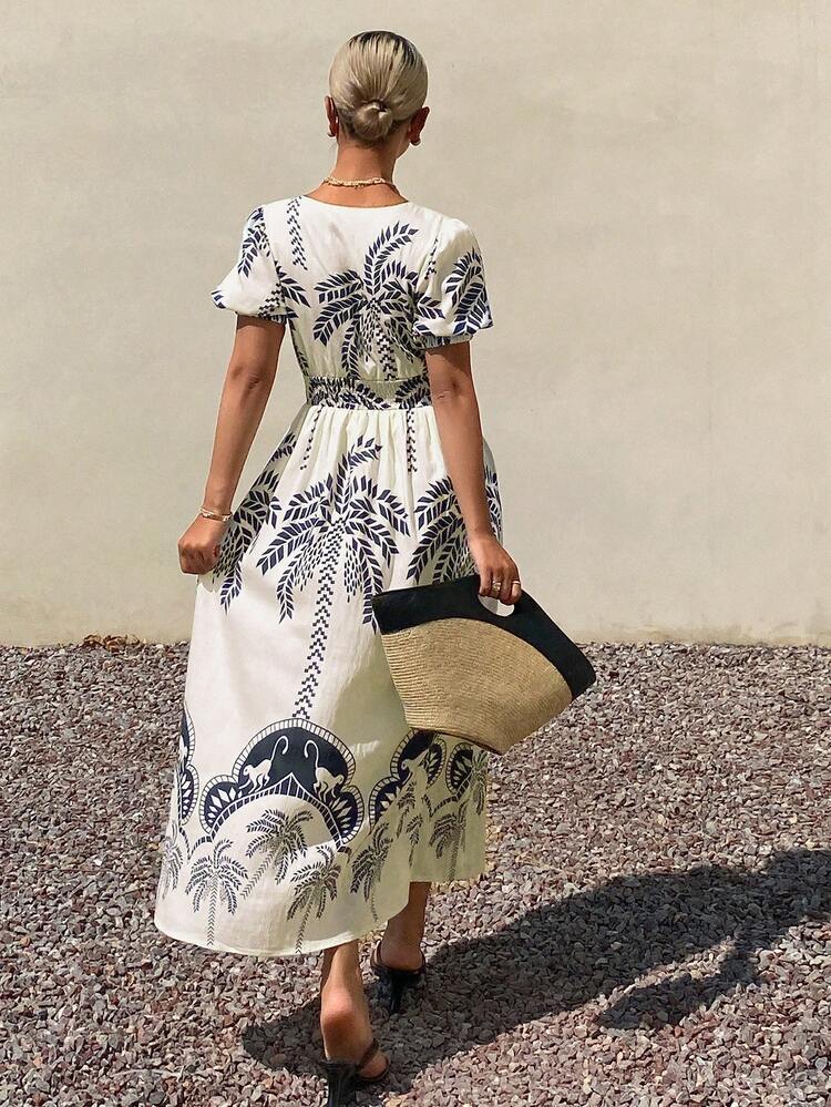 Women's Elegant Floral Shirred Tie-Waist Mid-Length Dress, Summer Boho