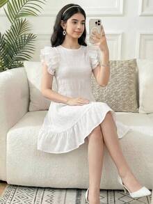 SHEIN Teen Girl Chiffon Solid Jacquard Ruffle Sleeve Casual Dress - White - View 2