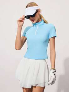 CourtClass CourtClass Women's Fashionable Golf Polo Shirt,Front Zipper Half-Open Collar Short Sleeve Fitted Sports Top,Elegant Summer Tennis Outfit,Baby Blue Golf Attire - Baby Blue - View 5