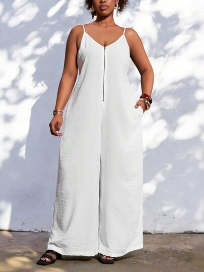 Veslaya 2026 Spring/Summer Plus Size Women's New Music Festival, Easter, Western, Nomadic, Birthday Party, Commute, Brunch, Airport, Party, Holiday Occasion, Elegant Banquet, Ball, Casual, High-End Elegant, Wedding Season White Textured Spaghetti Strap Front Zipper Jumpsuit