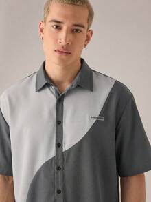 SWAVVY 男士休闲衬衫，拼接设计，复古时尚，约会必备 - 灰色 - 查看 2