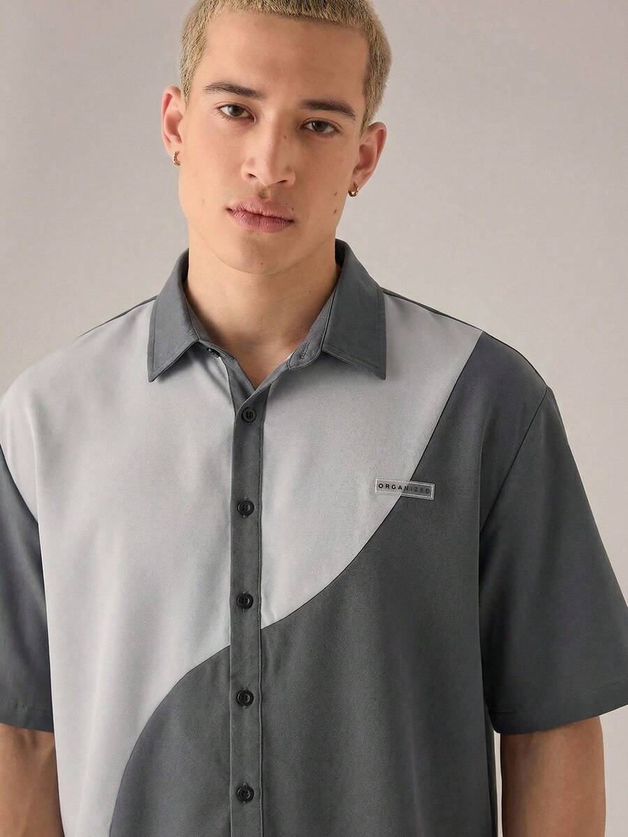 SWAVVY Camisa casual de hombre con diseño de patchwork, de estilo retro y elegante para citas - Gris - Ver 1