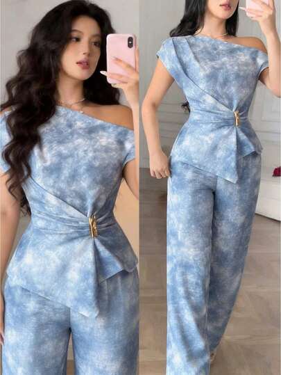 Modelyn Conjunto elegante de 2 piezas con camisa con hombro asimétrico con decoración metálica y pantalones de pierna ancha con efecto tie-dye para mujer